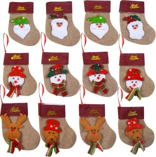 12pcs 3D Plush Burlap Mini Christmas Stockings