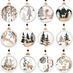 12pcs Wooden Reindeer Christmas Ornaments