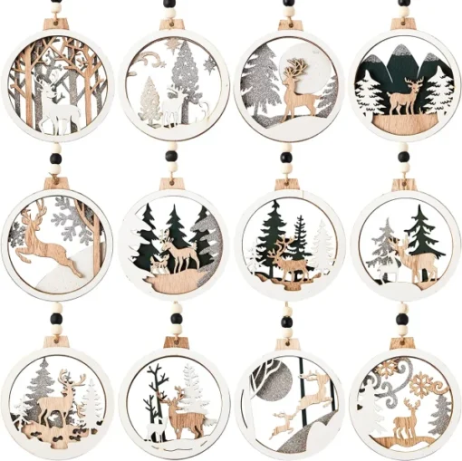 12pcs Wooden Reindeer Christmas Ornaments