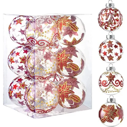 12pcs Assorted Christmas Clear Ornament Balls 3.15in
