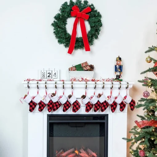12pcs Mini Red Black Christmas Plaid Stockings 5in