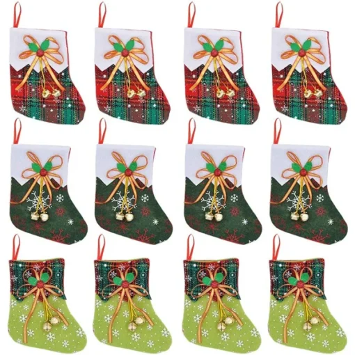 12pcs Mini Christmas Stockings With Jingle Bells 6in