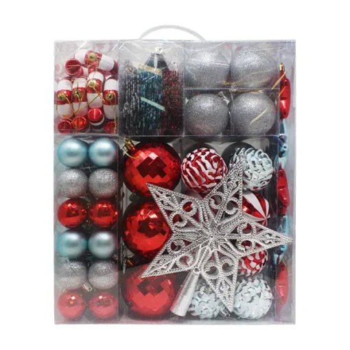 132pcs Red, Blue And Silver Assorted Christmas Ornaments