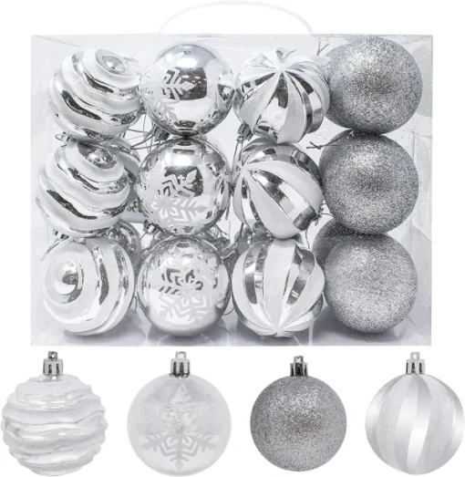 24pcs Silver And White Christmas Ball Ornaments