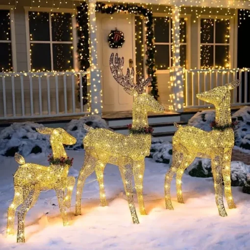 3Pcs Christmas Yard Lights 5ft Buck, 4ft Doe, 3ft Fawn With Wreath