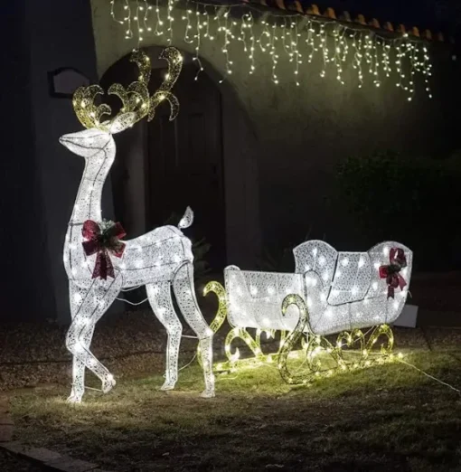 3D Fabric LED Lighted Reindeer With Sleigh Decorations 5ft