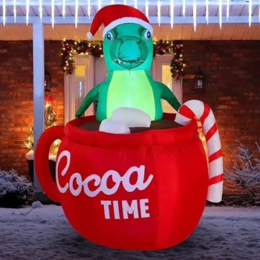 6ft Inflatable LED Christmas Dinosaur In A Huge Mug