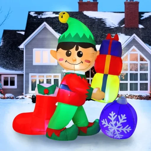 6ft Inflatable LED Elf Holding Gifts Decoration