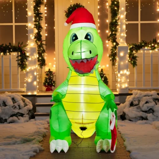 6ft Tall LED Inflatable Dinosaur Holding A Stocking