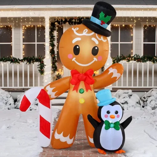6ft Tall LED Gingerbread With Penguin Decoration