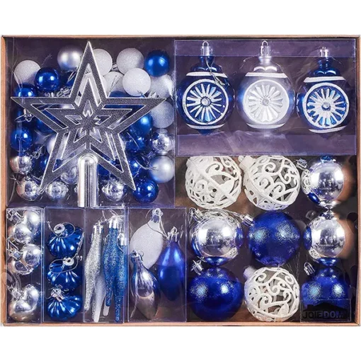 70pcs Blue Silver & White Christmas Ornament Set