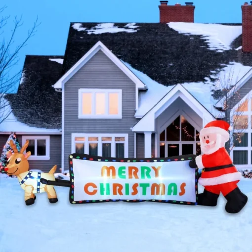 8ft LED Inflatable Reindeer Pulling Banner With Santa