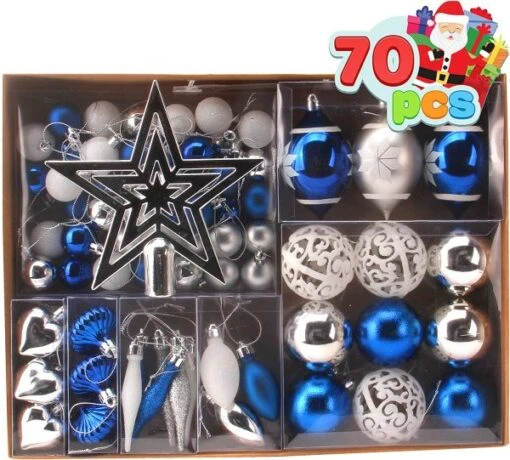 70Pcs Blue, Silver&White Christmas Ornaments With Heart