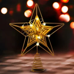Metal Gold Star Tree Topper With Warm White LED Lights